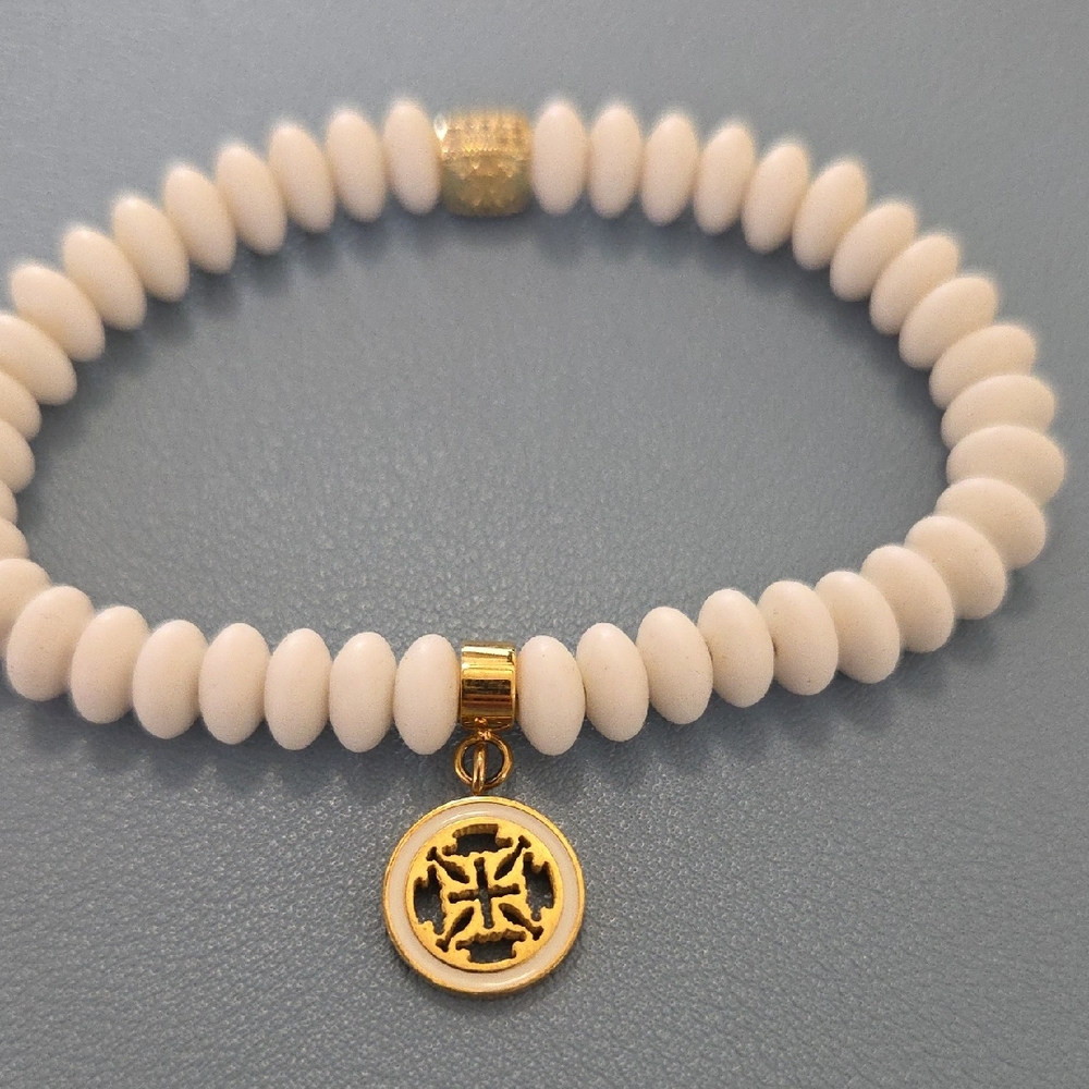 Rustic Cuff Gold and Soft Cream Beads Charm Bracelet